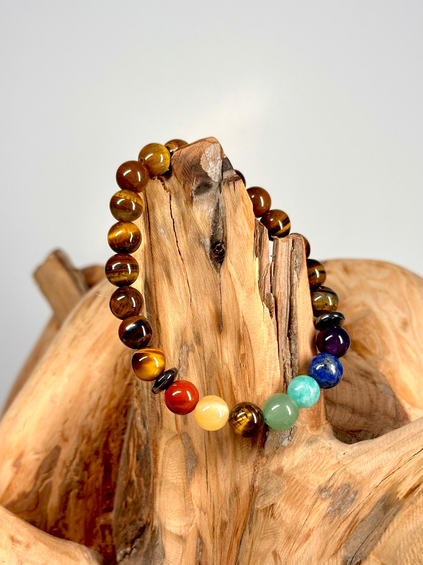 Bracelet boule 8mm 7 Chakras + Oeil de tigre A